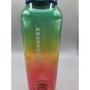 Starbucks 2022 Rainbow Ombre Gradient Glass Water Bottle 20oz Blue Lid